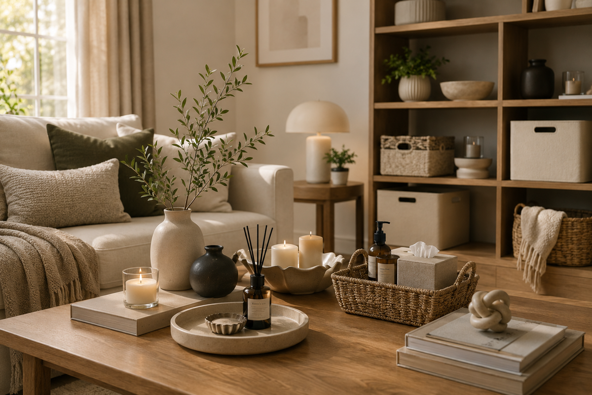 Cozy living room with neutral tones, white sofa, green cushions, wooden coffee table with candle and vase