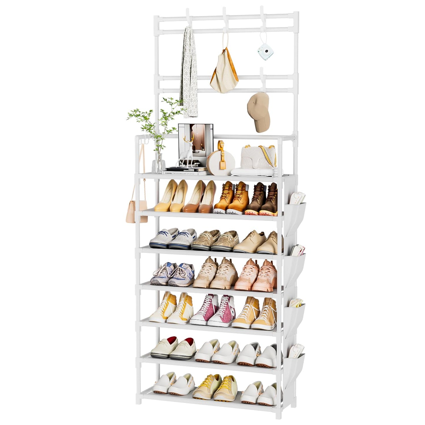 Shoe Rack 7 Tier Shoe Organizer Storage 21-28 Pairs of Shoes Closet Shoe Rack for Front Door Entrance Shoe Rack Organizer with Hooks Side Pocket Entryway Shoe Tower Large Capacity Shoe Shelf Garage