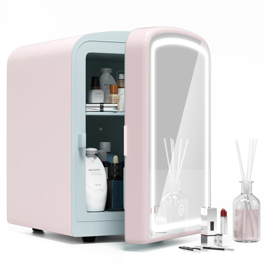 COYCYQI Mini Fridge for Skin Care 4 Liter Portable Small Fridge with Dimmable LED Mirror Hot or Cold Personal Beauty Refrigerator for Bedroom Office Car Makeup(Pink)