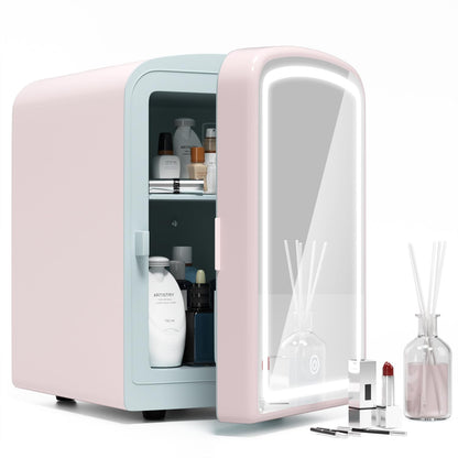 COYCYQI Mini Fridge for Skin Care 4 Liter Portable Small Fridge with Dimmable LED Mirror Hot or Cold Personal Beauty Refrigerator for Bedroom Office Car Makeup(Pink)